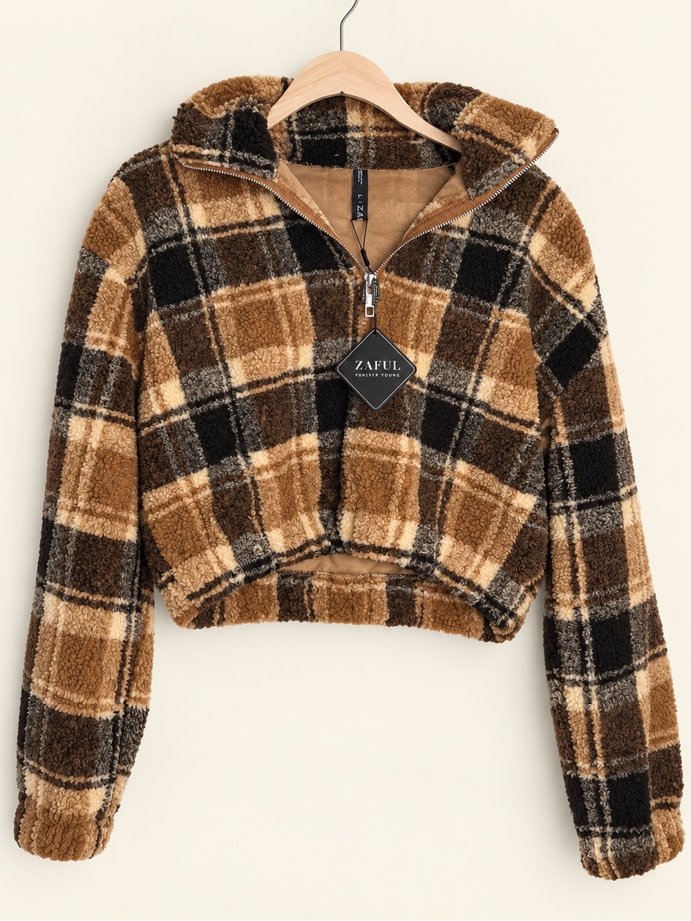 Zaful Brown and Black Cropped Plaid Sherpa Half-Zip Jacket